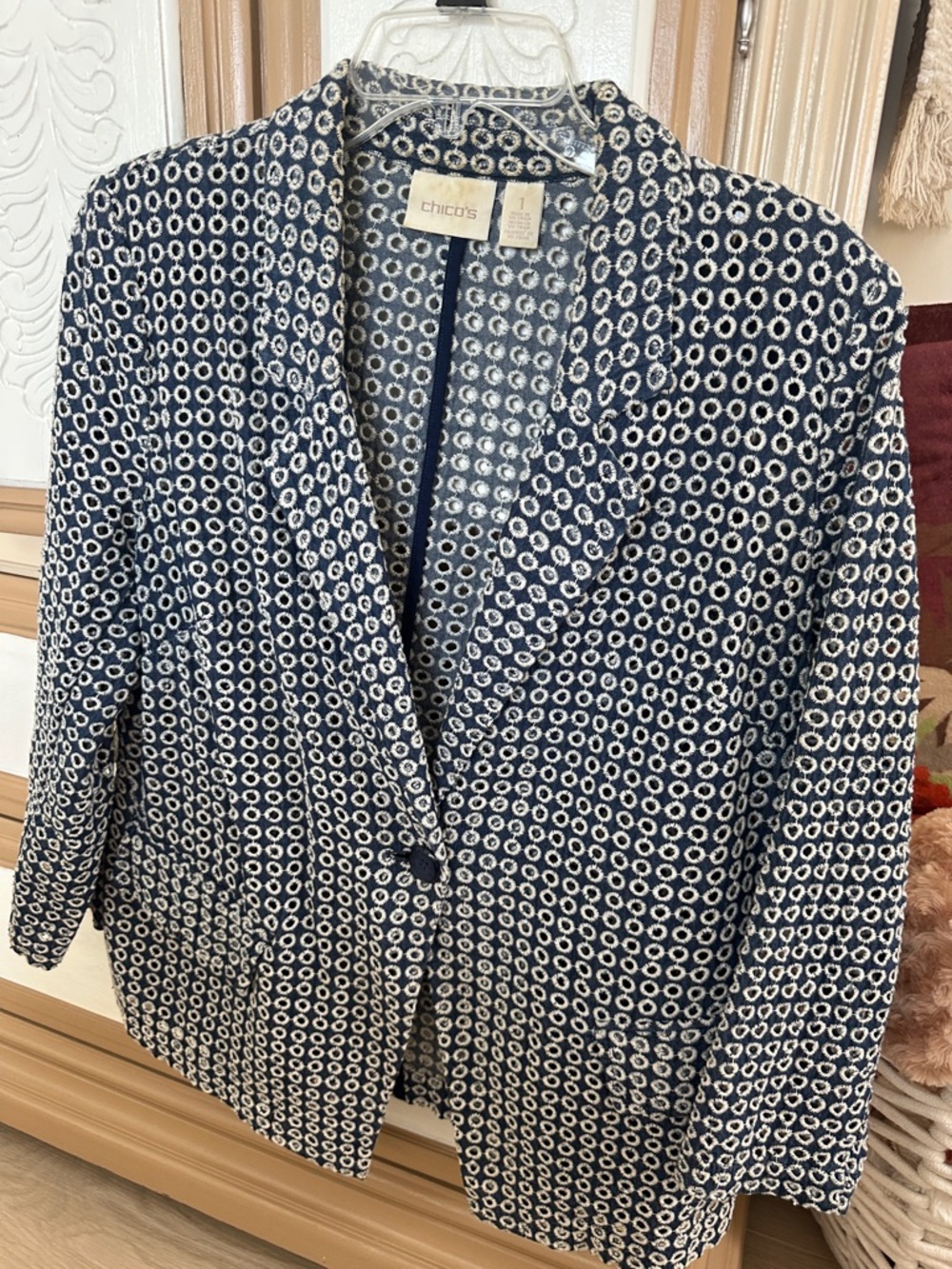 Chico's Navy and Cream Circle-Print Blazer